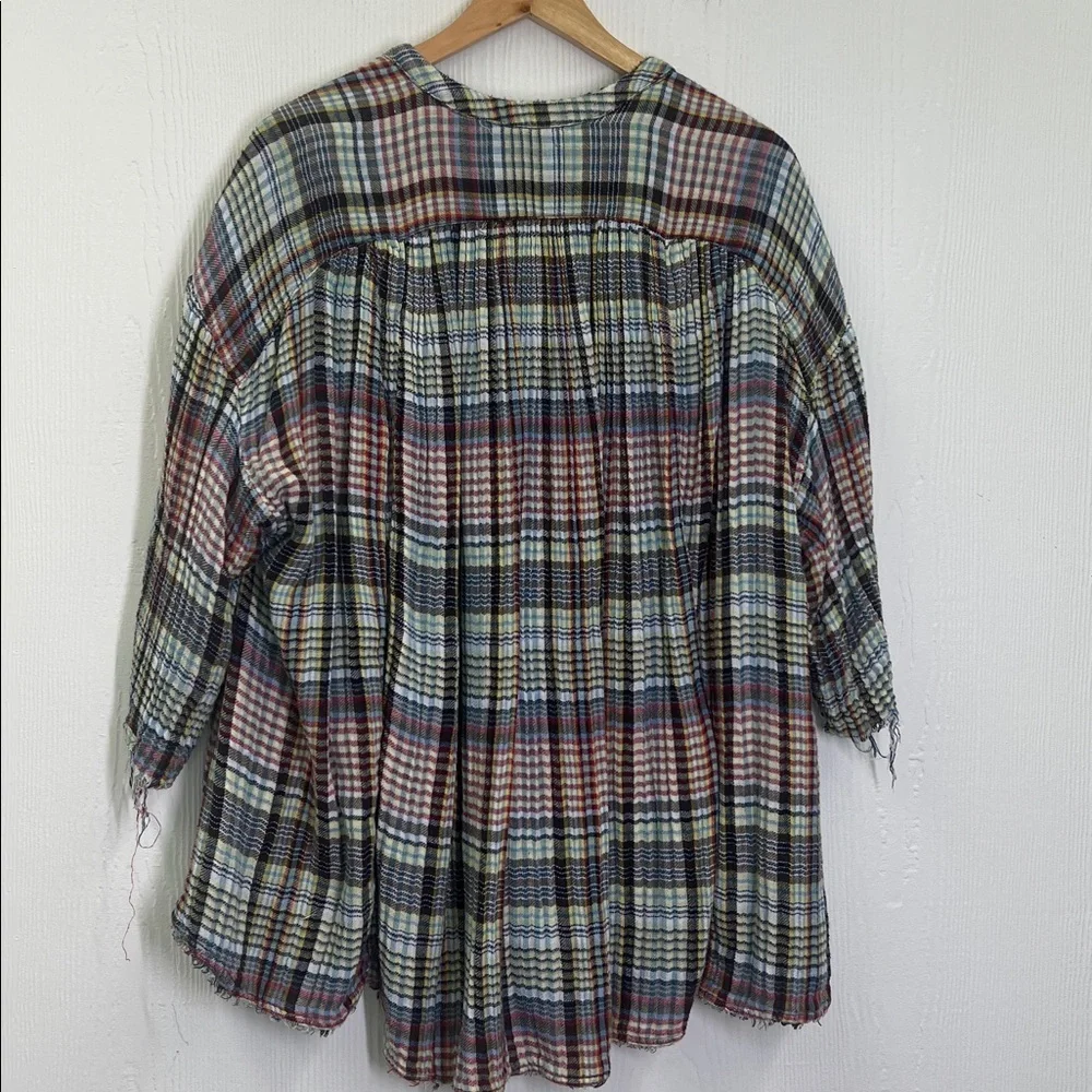 Free People - Boho Cottage Plaid Colorful Button Down Oversized Blouse Size Med - Picture 10 of 11